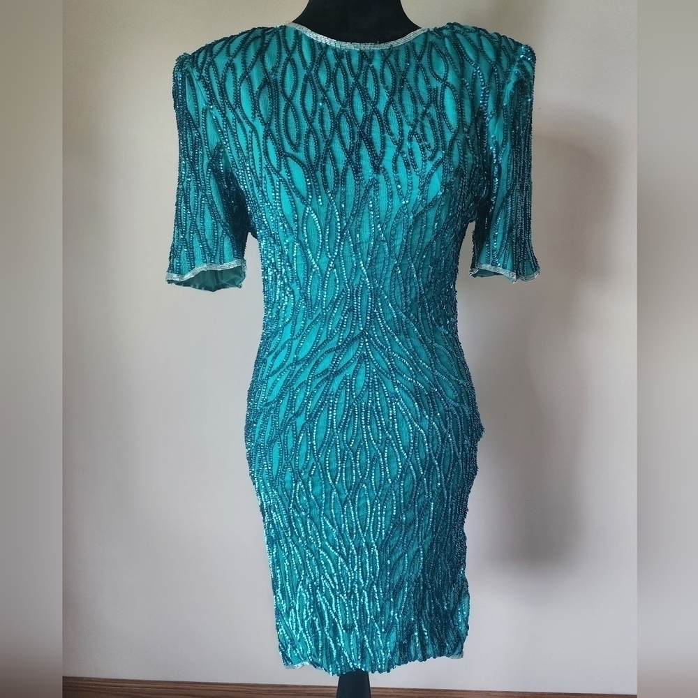 Embellished Teal Mini Dress - Women's Beaded Cocktail Dress